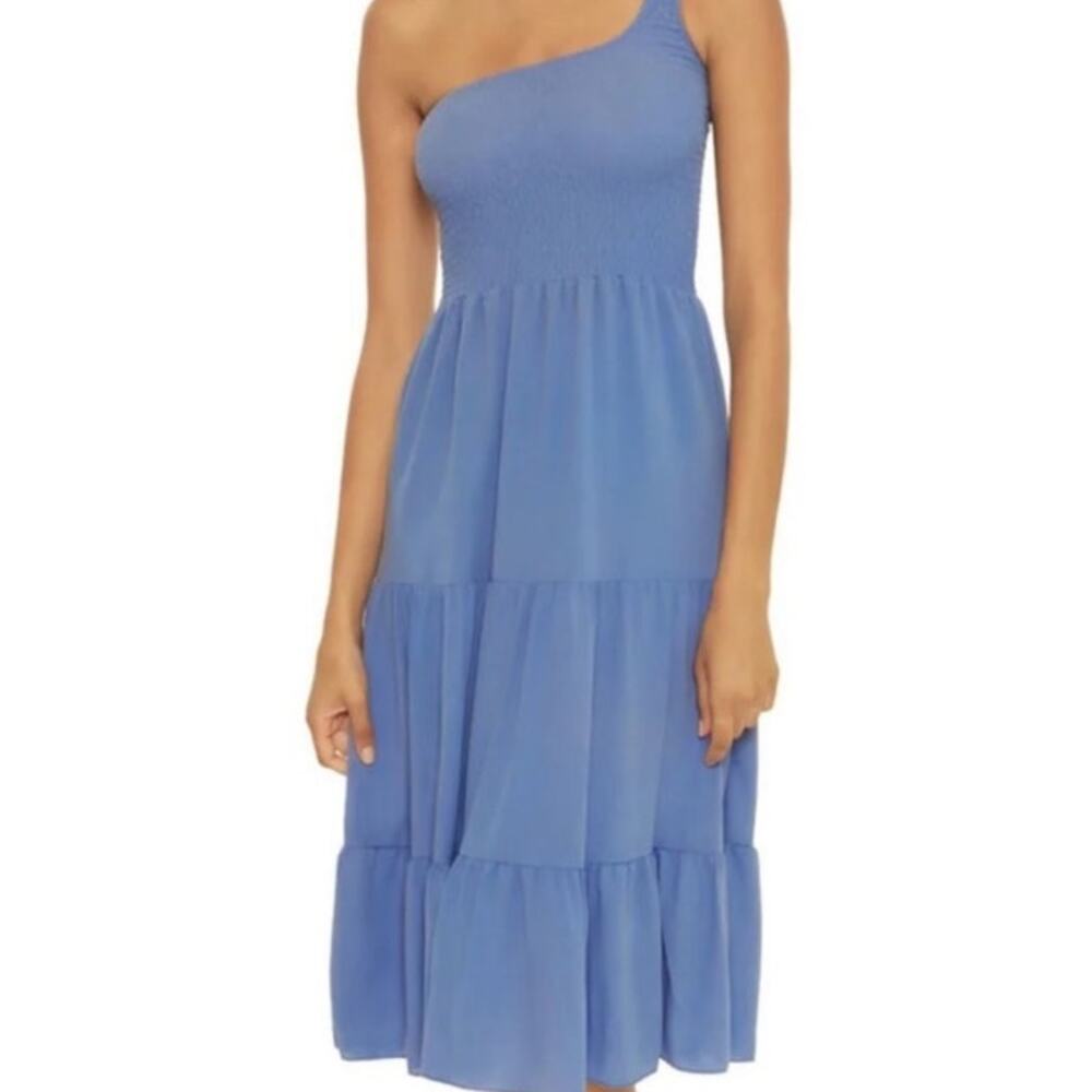 Becca Swim Mist Blue Ponza Smocked One Shoulder Dress Sz M NWT